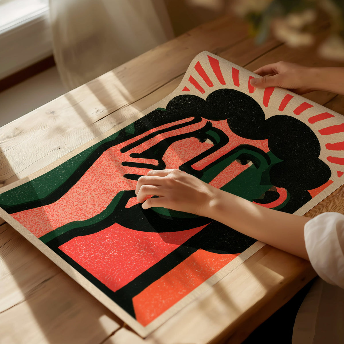 Thinker Touches Temple Poster | Coral and Green Screen Print Art Print | Modernist Wall Art — print detail on fine art paper