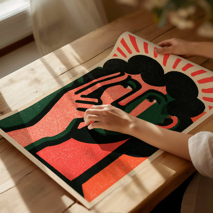 Thinker Touches Temple Poster | Coral and Green Screen Print Art Print | Modernist Wall Art — print detail on fine art paper
