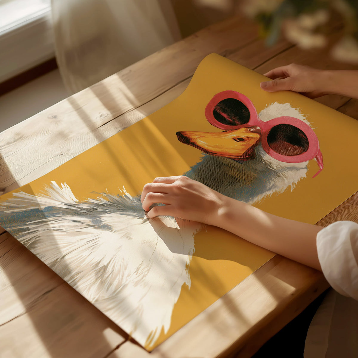 Duck in Pink Shades Poster | Mustard and Pink Screen Print Art Print | Playful Modern Wall Art — print detail on fine art pap