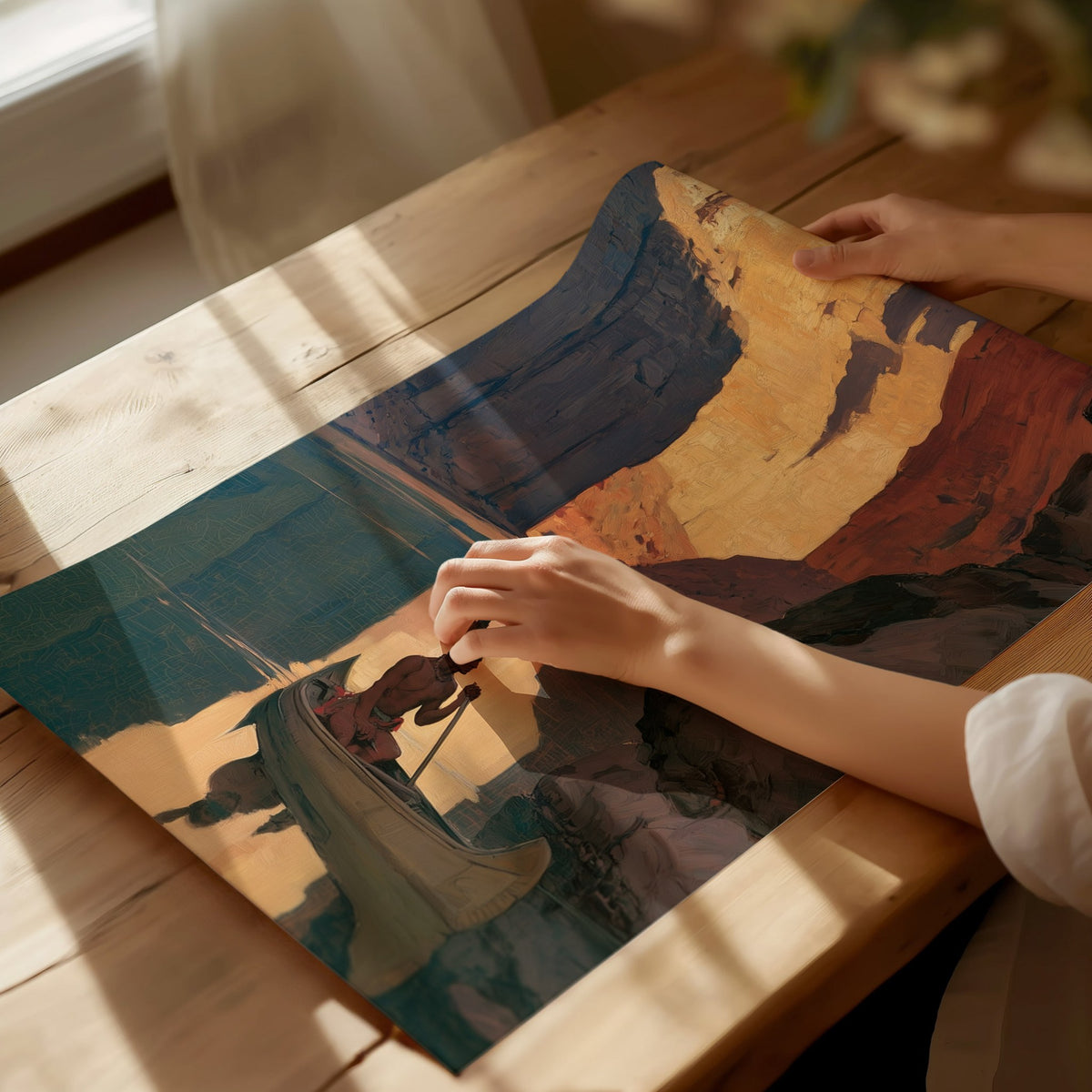 canoe-in-canyon-light Poster | Amber and Shadow Oil Painting Art Print | Adventure Wall Art — print detail on fine art paper