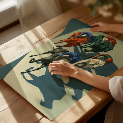Jockeys Take the Turn Poster | Cobalt and Rust Low Poly Art Print | Modern Sports Wall Art — print detail on fine art paper
