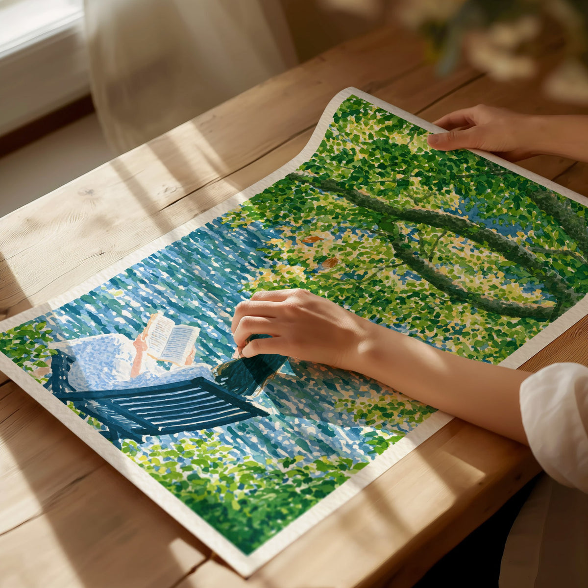 Reader by Water Poster | Blue and Yellow-Green Japanese Watercolor Art Print | Contemplative Readers Wall Art — print detail