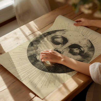 Ink Sun Face Poster | Black and Cream Pen and Ink Art Print | Dark Academia Wall Art — print detail on fine art paper