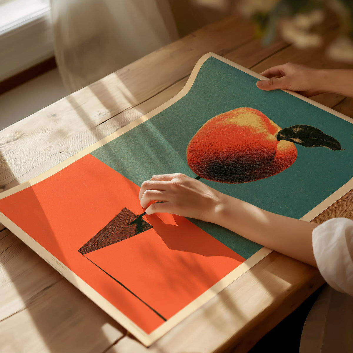 Trowel and Peach Poster | Teal and Orange Screen Print Art Print | Kitchen Wall Art — print detail on fine art paper
