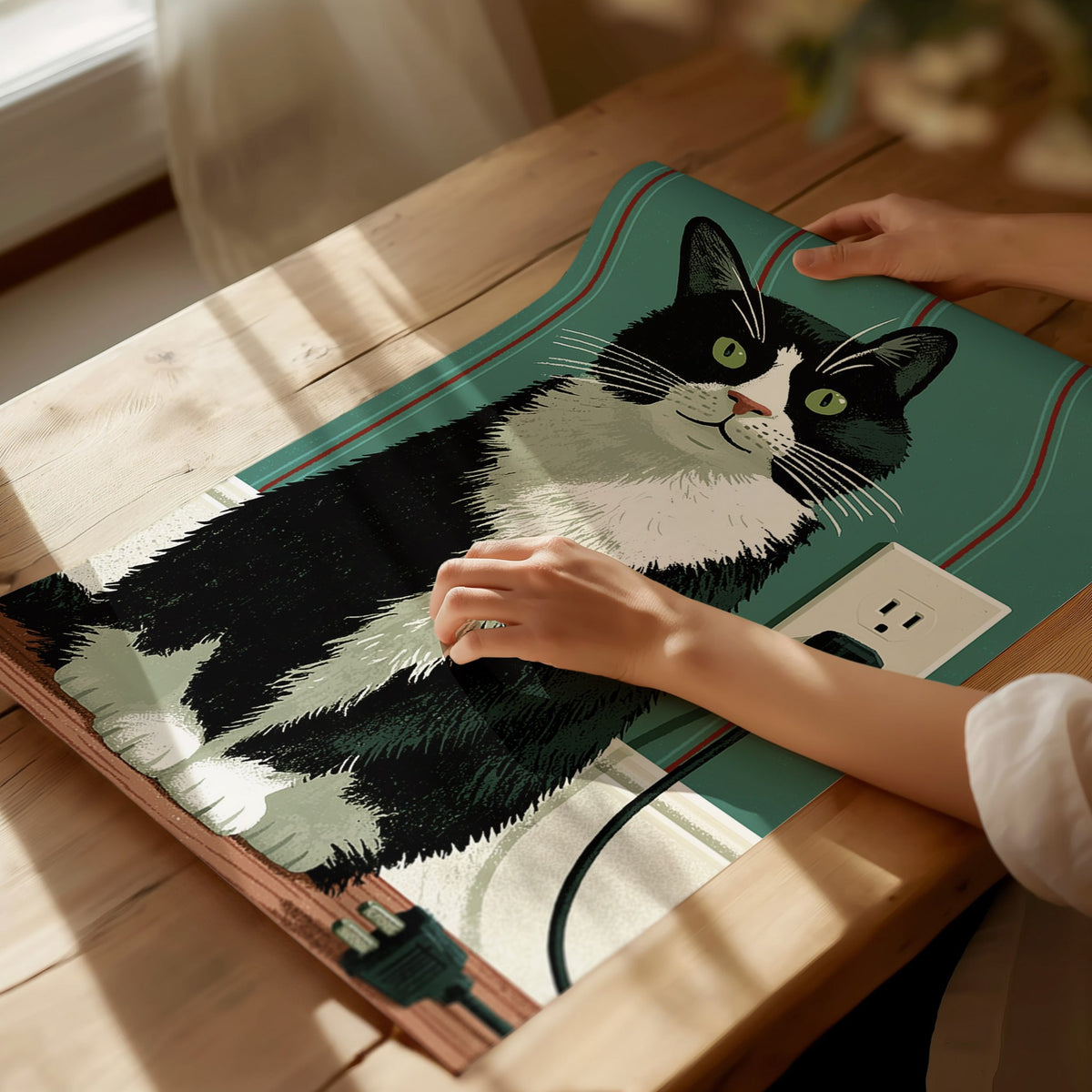 Tuxedo Cat Unplugged Poster | Sage and Cream Illustrative Art Print | Cat Lover Wall Art — print detail on fine art paper