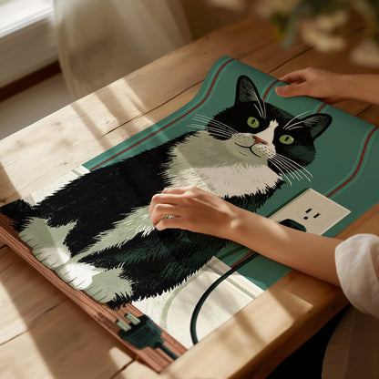 Tuxedo Cat Unplugged Poster | Sage and Cream Illustrative Art Print | Cat Lover Wall Art — print detail on fine art paper