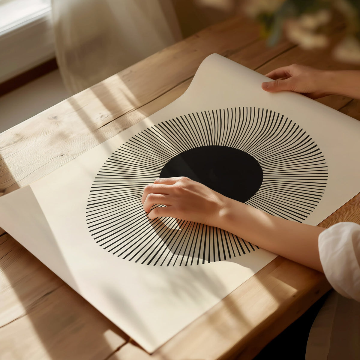 Happy Sun Poster | Black and White Minimalism Art Print | Kids Room Wall Art — print detail on fine art paper