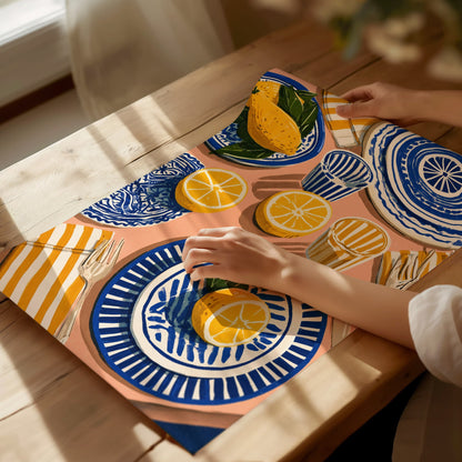 Lemon Table Poster | Cobalt and Ochre Illustrative Art Print | Kitchen Wall Art — print detail on fine art paper
