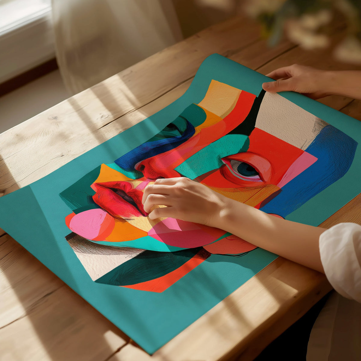 Split Face Mosaic Poster | Teal and Coral Illustrative Art Print | Modern Portrait Wall Art — print detail on fine art paper