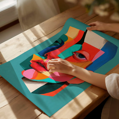 Split Face Mosaic Poster | Teal and Coral Illustrative Art Print | Modern Portrait Wall Art — print detail on fine art paper
