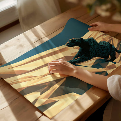 Panther Climbs Noon Poster | Teal and Black Low Poly Art Print | Dark Fantasy Wall Art — print detail on fine art paper