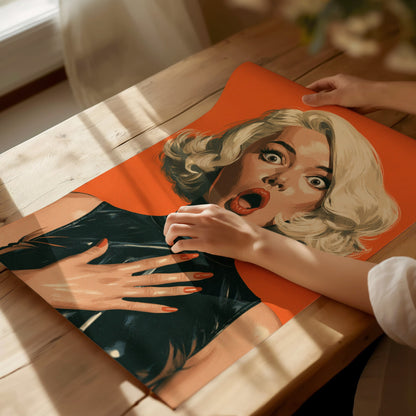 She Just Heard Poster | Orange and Black Illustrative Art Print | Pop Art Wall Art — print detail on fine art paper