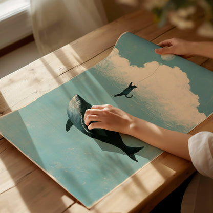 Cloud Fishing Poster | Blue and Cream Illustrative Art Print | Kids Room Wall Art — print detail on fine art paper