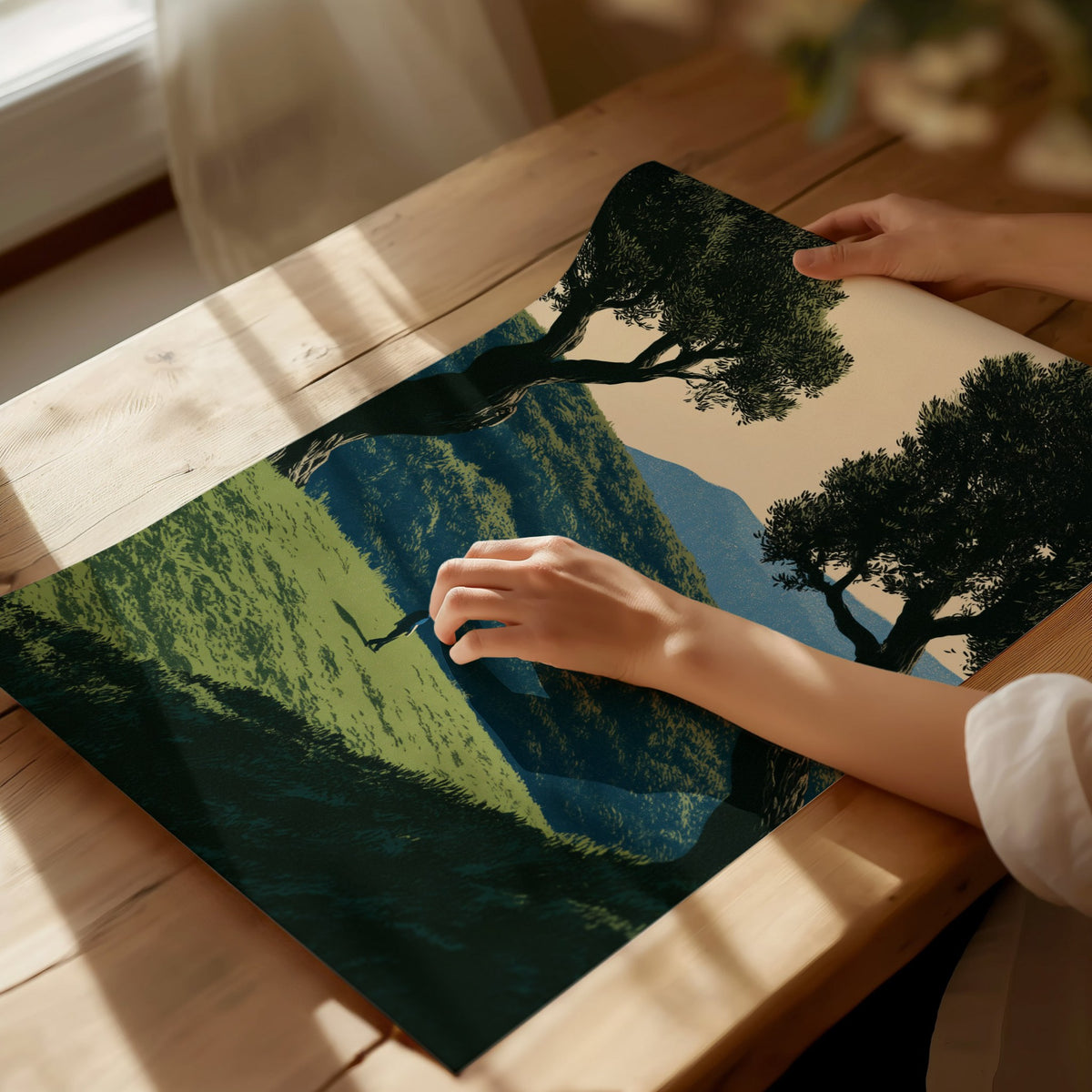 Child Climbs Green Slope Poster | Green and Sage Illustrative Art Print | Kids Room Wall Art — print detail on fine art paper