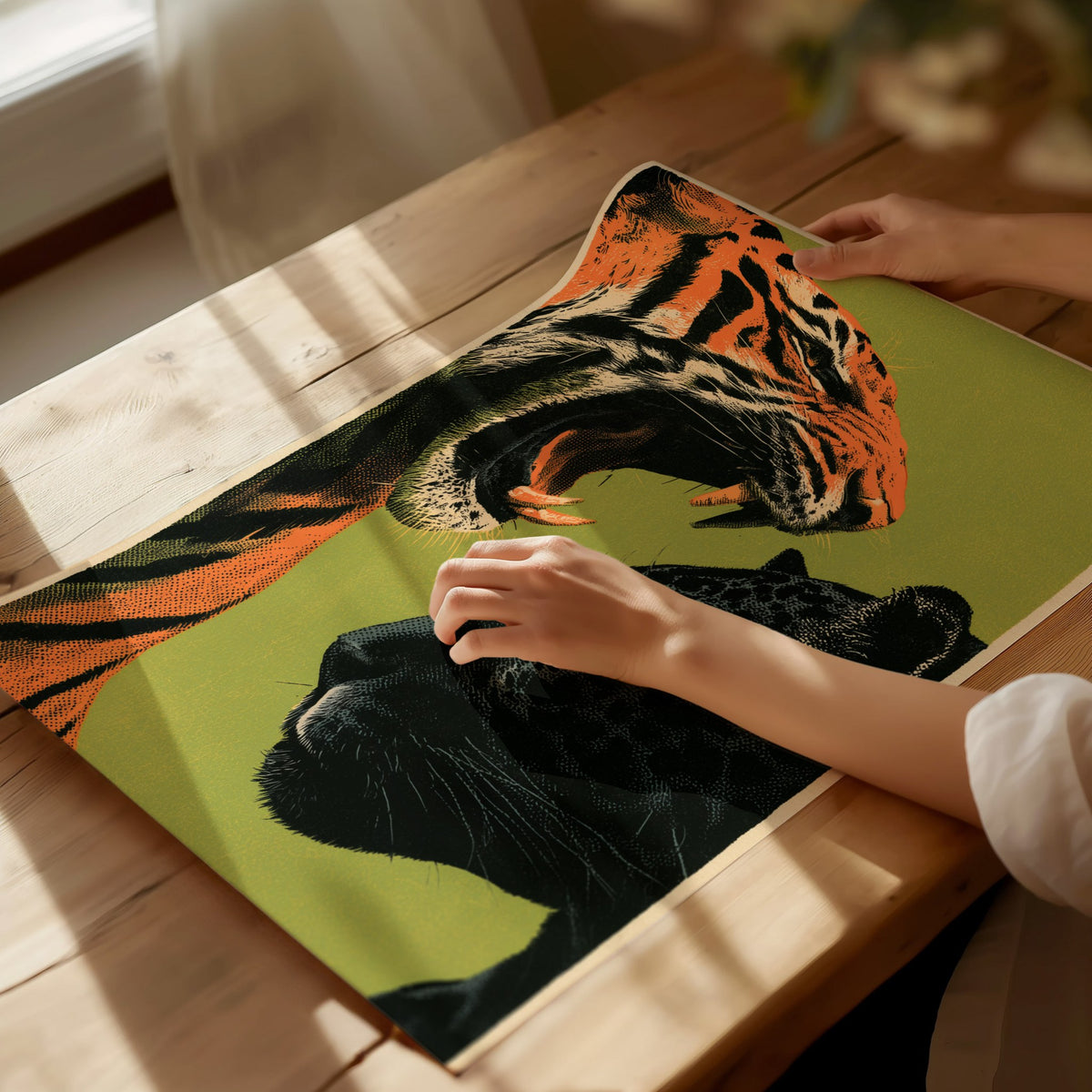 Tiger Taunts Panther Poster | Chartreuse and Black Screen Print Art Print | Graphic Design Wall Art — print detail on fine ar