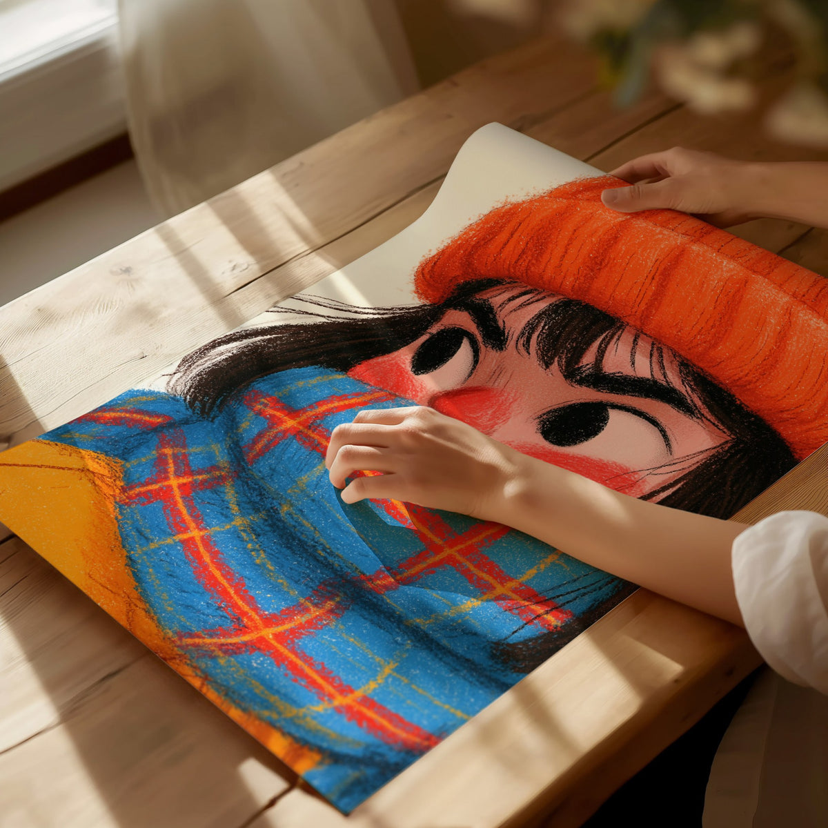 Girl Bundles Up Poster | Orange and Blue Illustrative Art Print | Kids Room Wall Art — print detail on fine art paper
