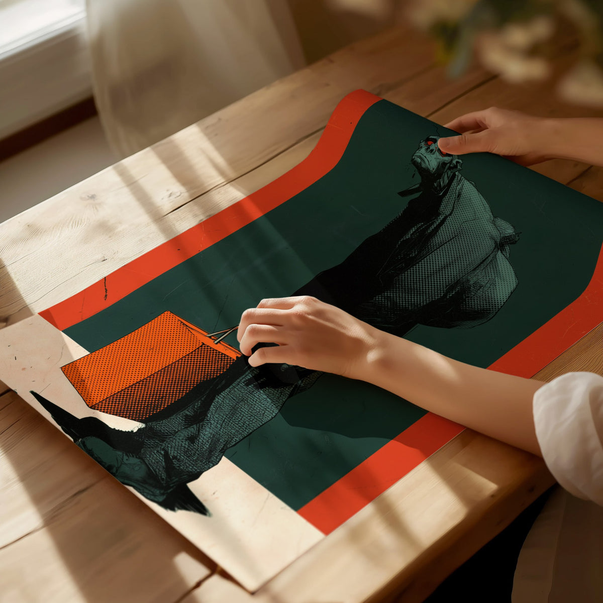 Courier Carries Weight Poster | Teal and Orange Screen Print Art Print | Dark Fantasy Wall Art — print detail on fine art pap