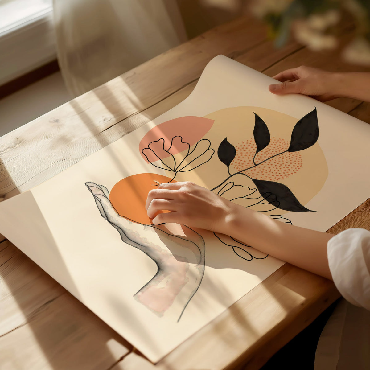 Hand Holds Peach Poster | Peach and Coral Minimalism Art Print | Minimalist Kitchen Wall Art — print detail on fine art paper