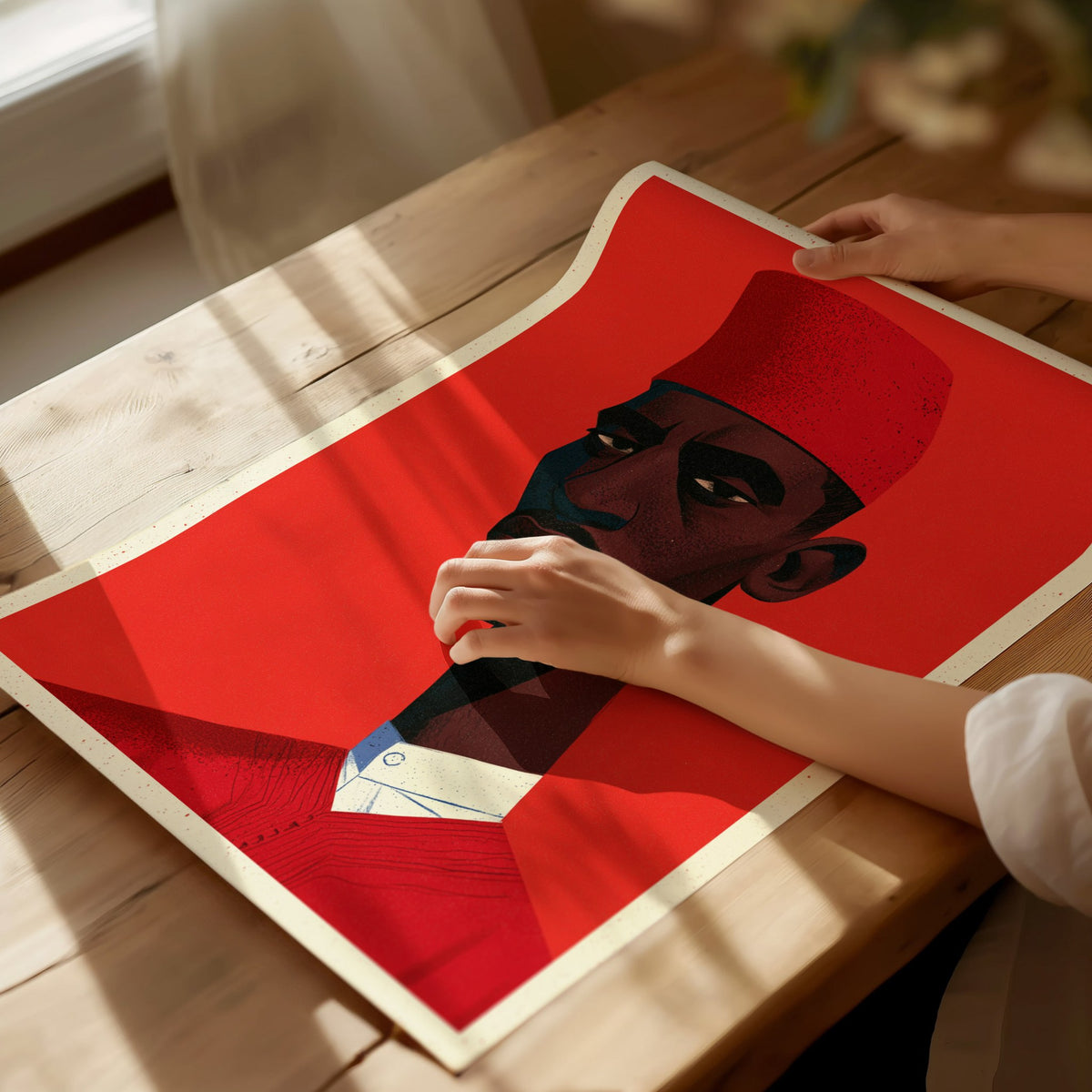 Man Wears Fez Poster | Red and Teal Illustrative Art Print | Retro Portrait Wall Art — print detail on fine art paper