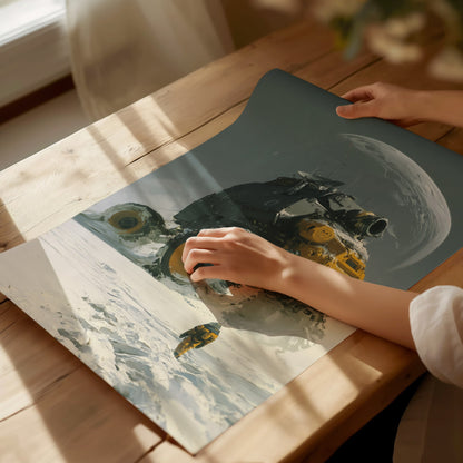 Rover Dwarfs Explorer Poster | Gray and Yellow Oil Painting Art Print | Sci-Fi Wall Art — print detail on fine art paper