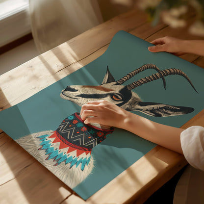 Gazelle Wears Collar Poster | Teal and Gray Illustrative Art Print | Modern Minimalist Wall Art — print detail on fine art pa