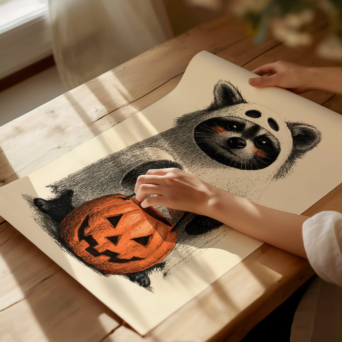 Raccoon Trick-or-treats Poster | Gray and Orange Pen and Ink Art Print | Halloween Wall Art — print detail on fine art paper