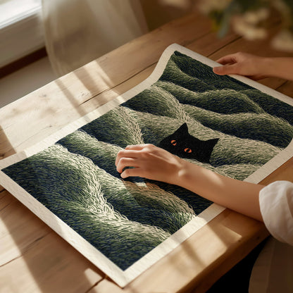Cat Lurks Deep Poster | Green and Black Pen and Ink Art Print | Dark Fantasy Wall Art — print detail on fine art paper