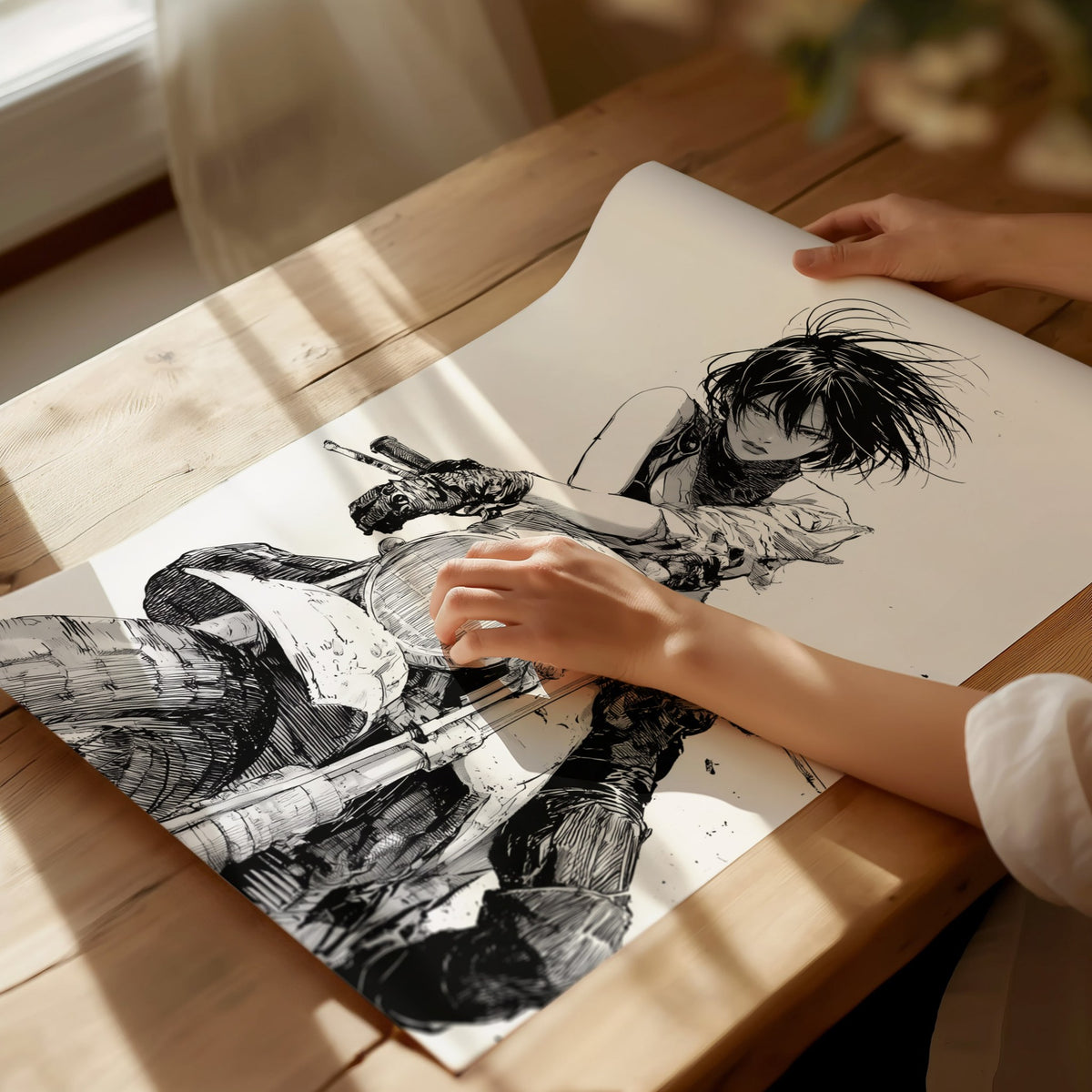 Rider Cuts Wind Poster | Black and White Pen and Ink Art Print | Moto Wall Art — print detail on fine art paper