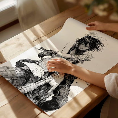 Rider Cuts Wind Poster | Black and White Pen and Ink Art Print | Moto Wall Art — print detail on fine art paper