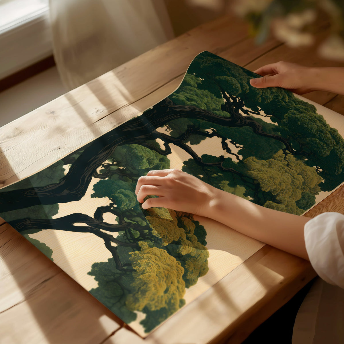 Under the Pines Poster | Forest Green Japanese Woodblock Art Print | Nature Lovers Wall Art — print detail on fine art paper