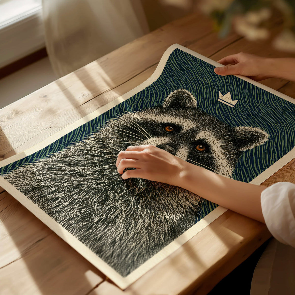 Raccoon Rules Stars Poster | Navy and Green Pen and Ink Art Print | Dark Academia Wall Art — print detail on fine art paper