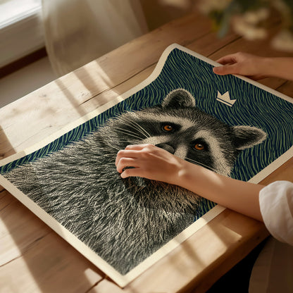 Raccoon Rules Stars Poster | Navy and Green Pen and Ink Art Print | Dark Academia Wall Art — print detail on fine art paper