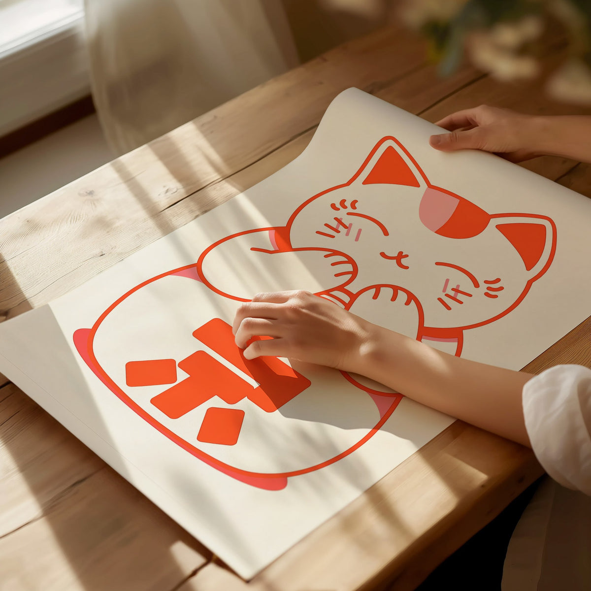 Maneki-neko Cat Poster | Wildlife Art Print — print detail on fine art paper