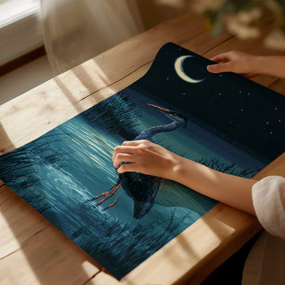 Heron Finds Moonlight Poster | Teal and Navy Pixel Art Print | Retro Gaming Wall Art — print detail on fine art paper