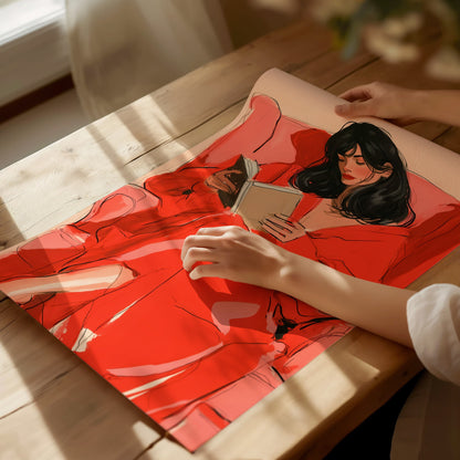 Woman Reading In Red Poster | Coral and Pink Illustrative Art Print | Quiet Interiors Wall Art — print detail on fine art pap