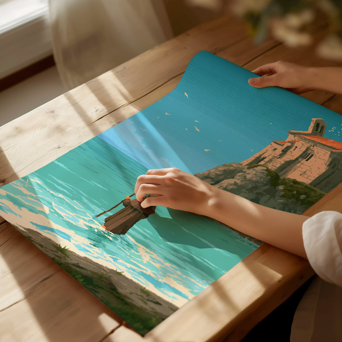 Pilgrim Touches Shore Poster | Turquoise and Earth Pixel Art Print | Retro Gaming Wall Art — print detail on fine art paper