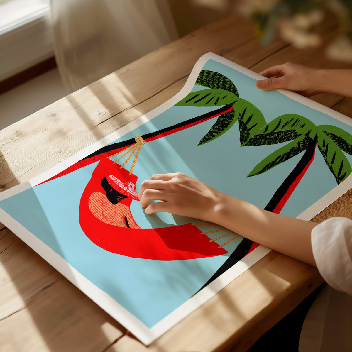 Hammock Afternoon Poster | Blue and Emerald Screen Print Art Print | Tropical Wall Art — print detail on fine art paper