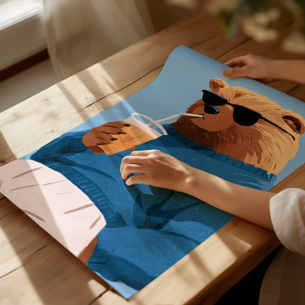 Cool Bear Sips Poster | Pastel Blue Illustrative Art Print | Kids Room Wall Art — print detail on fine art paper