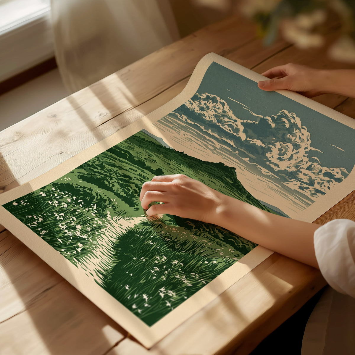Moorland Cloud Tower Poster | Green and Cream Screen Print Art Print | Nature Lover Wall Art — print detail on fine art paper