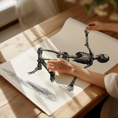 Skeleton Falls Poster | Cream and Black Pen and Ink Art Print | Dark Academia Wall Art — print detail on fine art paper