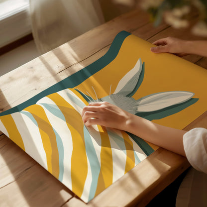 Rabbit Under Quilt Poster | Mustard and Teal Flat Design Art Print | Cottagecore Wall Art — print detail on fine art paper