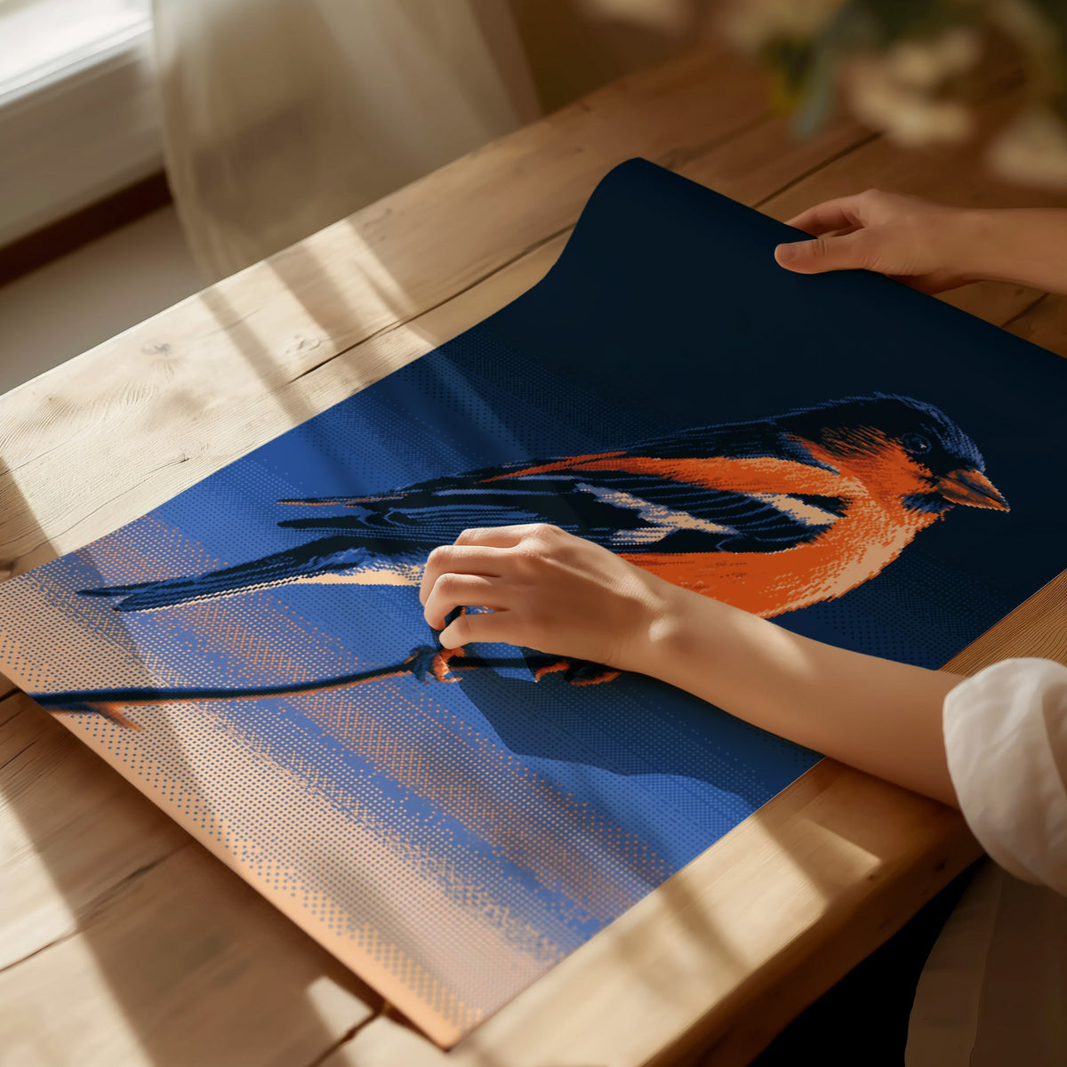 Bullfinch Burning Blue Poster | Navy and Orange Pixel Art Print | Retro Gaming Wall Art — print detail on fine art paper