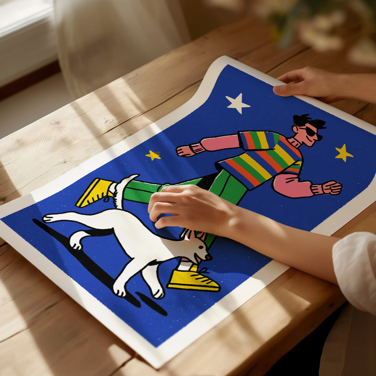 hero-and-cat Poster | Warm Ochre Illustrative Art Print | Kids Room Wall Art — print detail on fine art paper