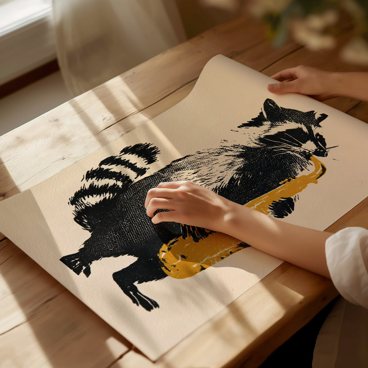 Raccoon Plays Saxophone Poster | Black and Yellow Screen Print Art Print | Music Lover Wall Art — print detail on fine art pa