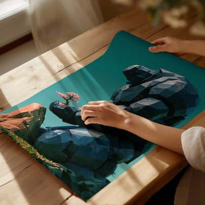 Golem Tends Blossom Poster | Navy and Teal Low Poly Art Print | Sci-Fi Wall Art — print detail on fine art paper
