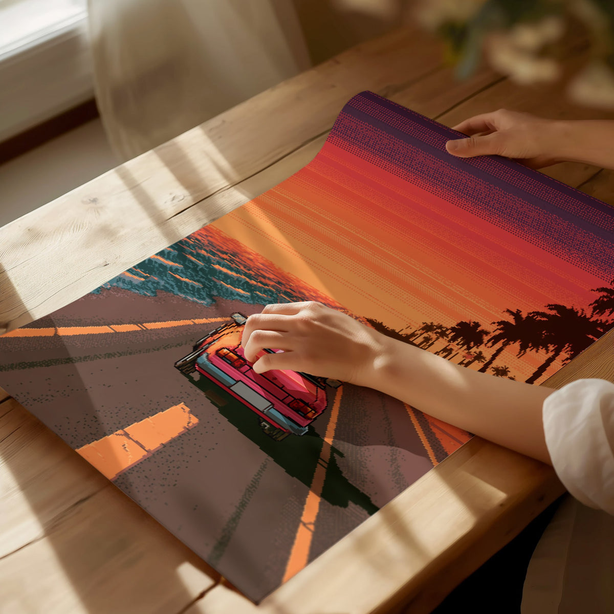 Capybara Drives Sunset Poster | Coral and Purple Pixel Art Print | Retro Gaming Wall Art — print detail on fine art paper