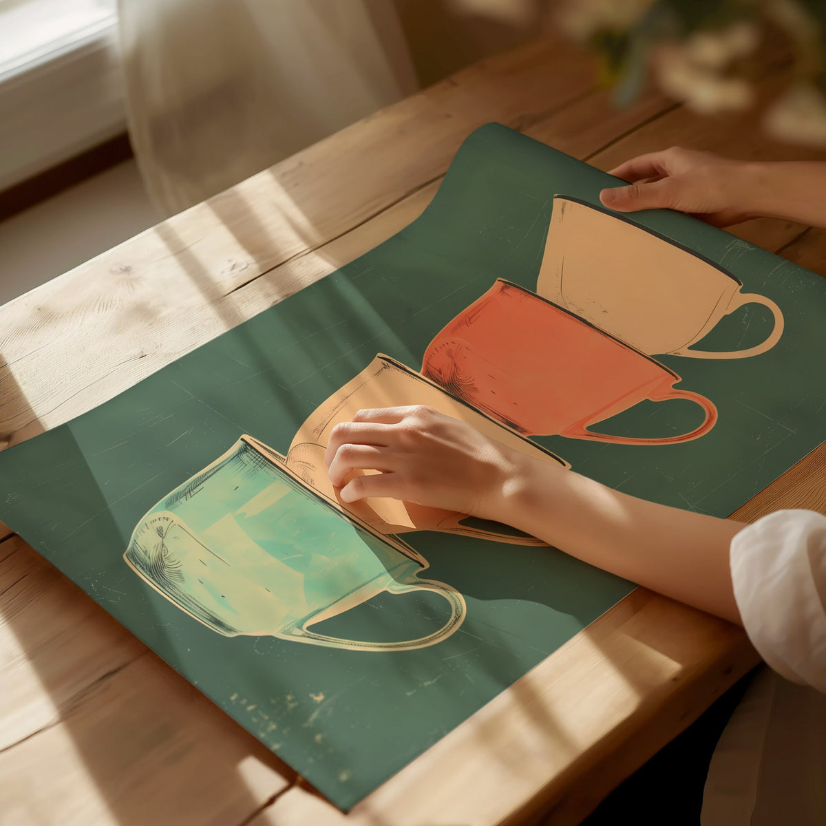 Stacked Teacups Poster | Coral and Teal Screen Print Art Print | Kitchen Wall Art — print detail on fine art paper