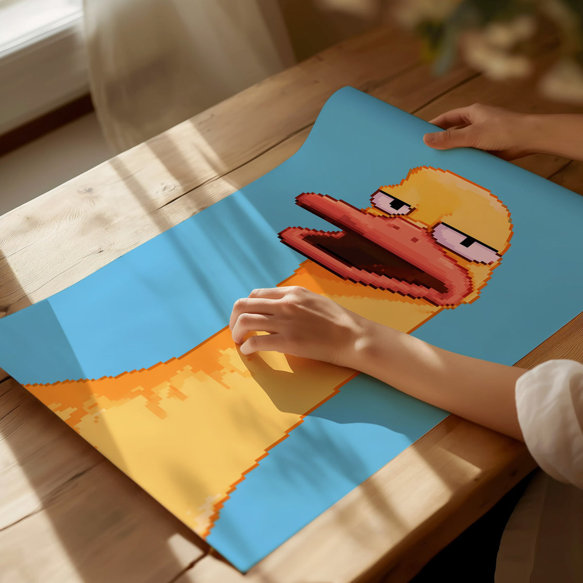 Tired Duck Portrait Poster | Pink and Yellow Pixel Art Print | Gaming Wall Art — print detail on fine art paper