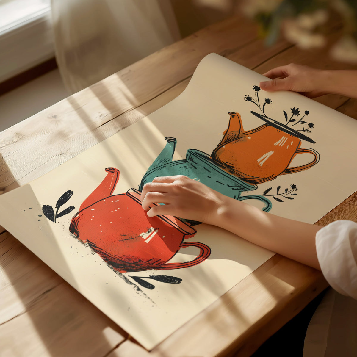 Stacked Teapots Poster | Coral and Teal Illustrative Art Print | Kitchen Wall Art — print detail on fine art paper