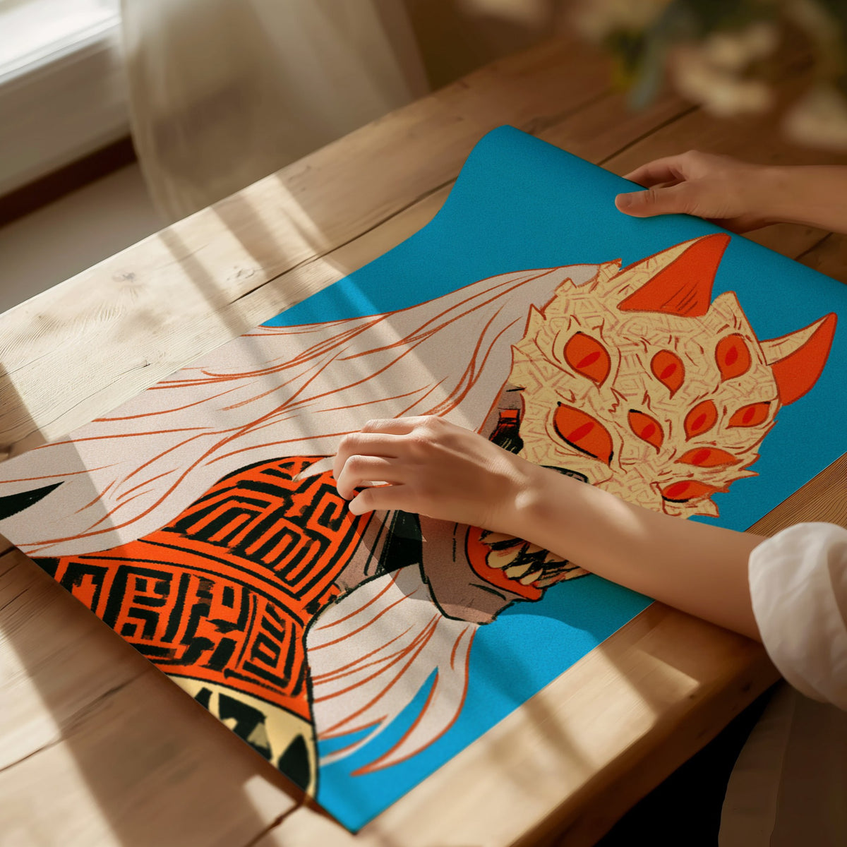 Fox Mask Grin Poster | Orange and Blue Illustrative Art Print | Dark Fantasy Wall Art — print detail on fine art paper